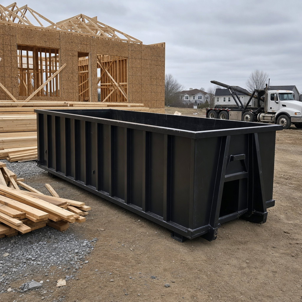 Matte-black 40-yard roll-off dumpster staged on a framed-out residential construction site in Los Angeles, framing lumber stacked nearby, hooklift delivery truck visible in the background under bright Colorado daylight