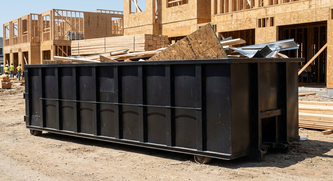 Matte-black 40-yard roll-off construction dumpster being lowered from a white-cab hooklift delivery truck onto the compacted-dirt jobsite at a commercial build site in Los Angeles