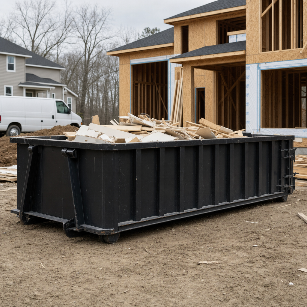Worker in a yellow high-visibility vest tossing framing lumber and broken drywall into a matte-black 30-yard construction roll-off dumpster on an active build site in Los Angeles, bright daylight