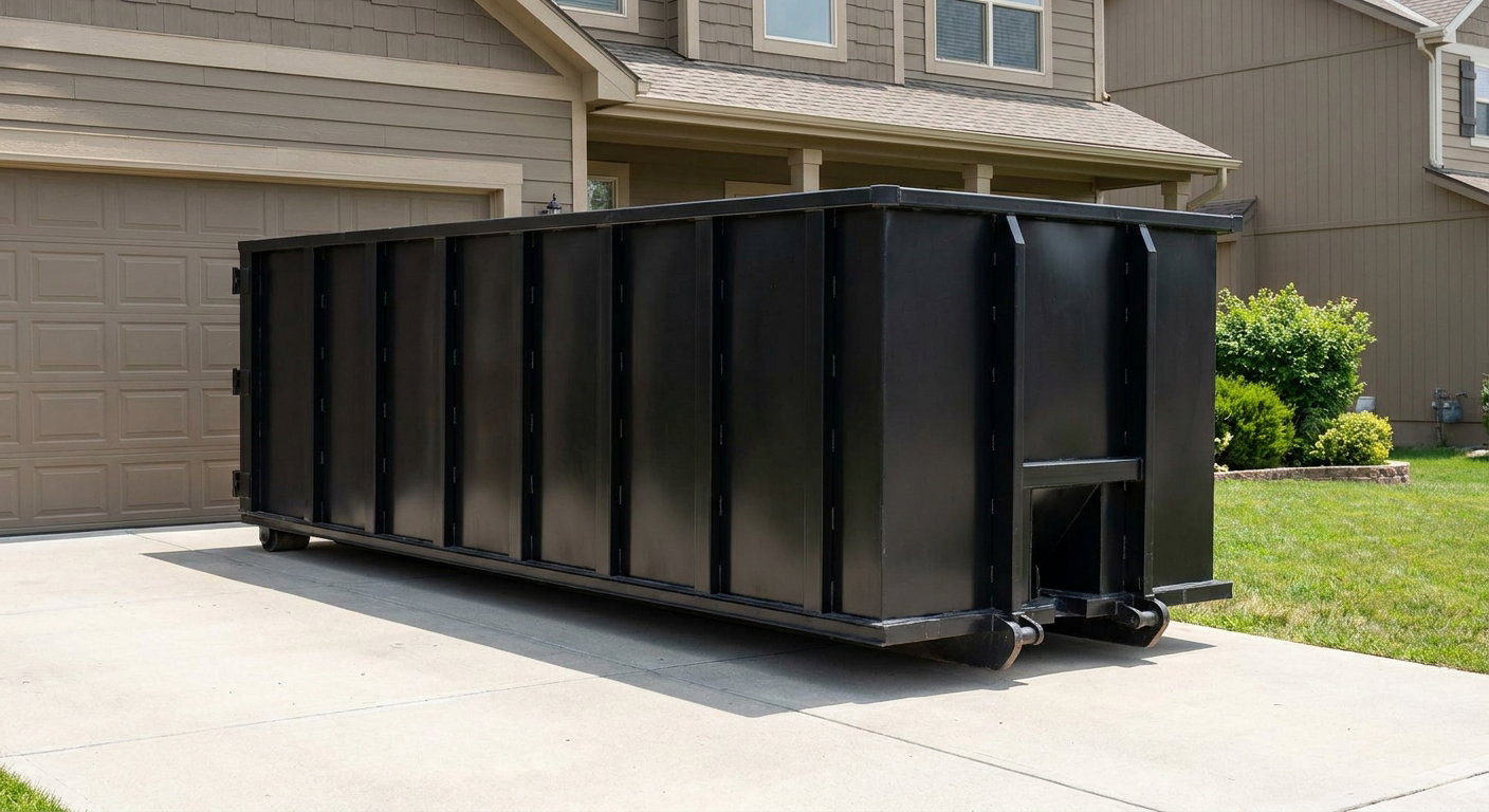 Matte-black residential roll-off dumpster sitting directly on a suburban Los Angeles concrete driveway, garage door closed, single-family home in background, bright morning daylight.