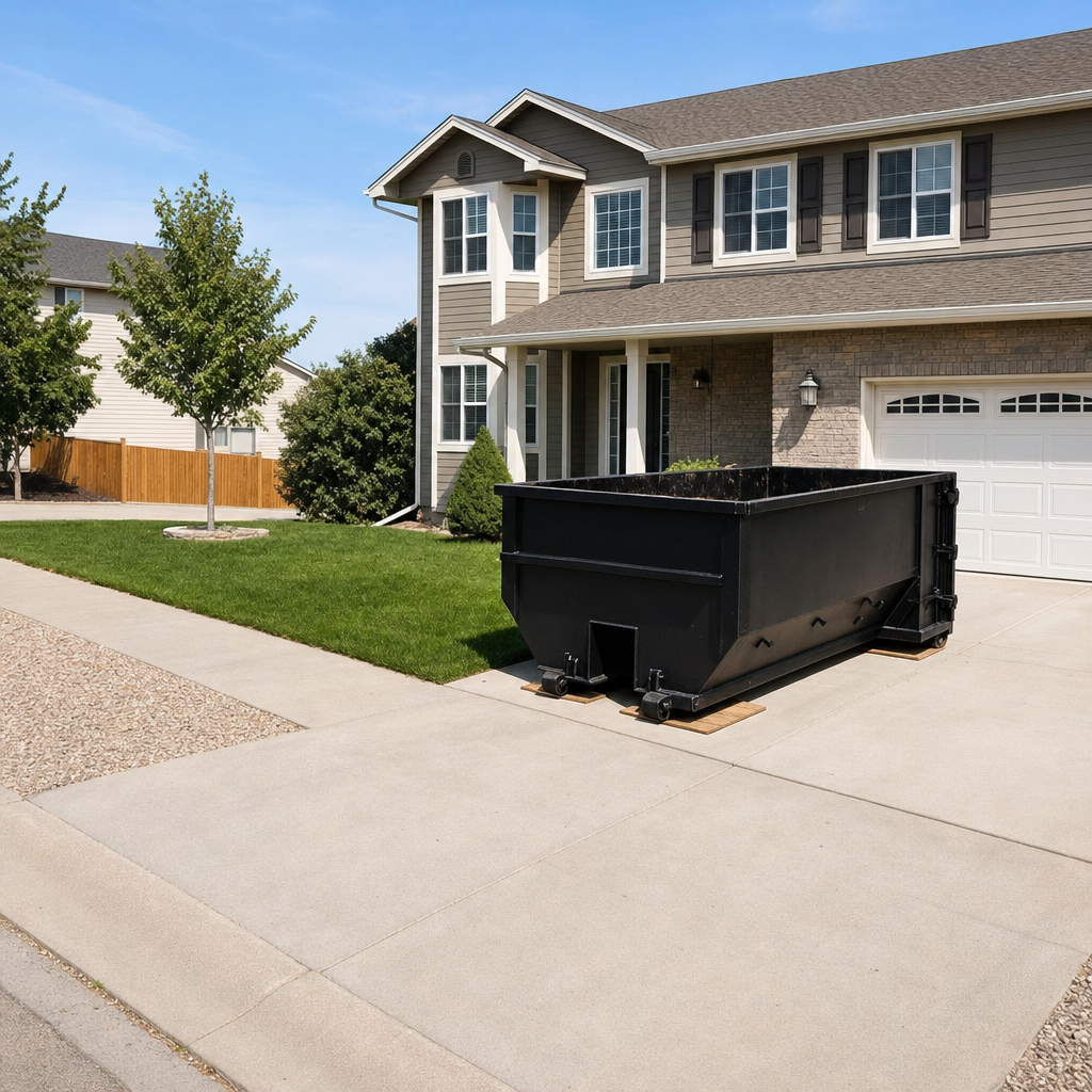 10-yard matte-black residential dumpster placed directly on a narrow Los Angeles concrete driveway, room remains for a parked sedan beside it, mid-morning natural light
