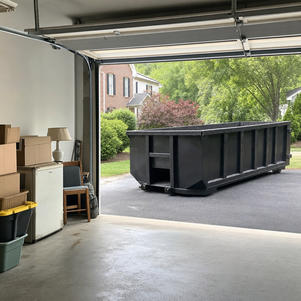 Open garage interior in a Los Angeles home mid-cleanout — boxed items, an old appliance, and stacked yard tools queued near the driveway for a matte-black roll-off dumpster, organized and calm
