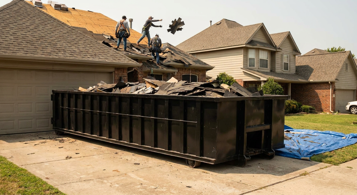 Matte-black roofing roll-off dumpster placed directly on a Los Angeles residential concrete driveway, a tear-off crew on a two-story asphalt-shingle roof tossing shingle bundles into the low-walled container, bright daylight, documentary 35mm perspective.