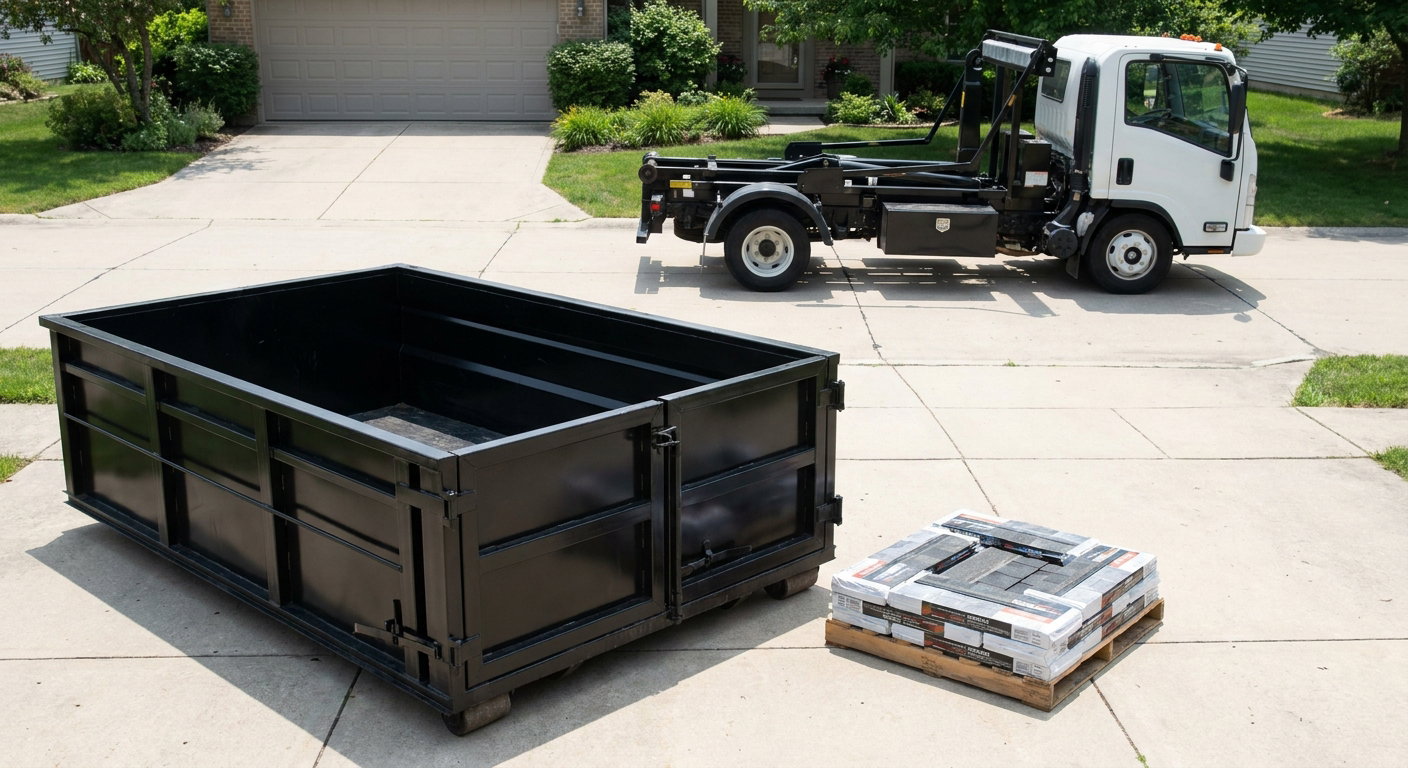 Matte-black 15-yard roofing roll-off dumpster with reinforced low side walls sitting directly on a Los Angeles residential concrete driveway, three-tab asphalt shingle bundles stacked nearby, an unmarked white hauler truck partially visible at the edge of the frame.
