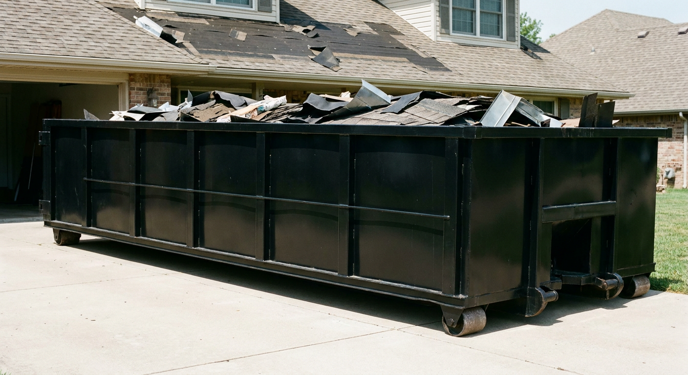 Matte-black 20-yard roofing roll-off dumpster with steel ribbed sides and swinging rear door, sitting directly on the concrete driveway of a two-story Los Angeles home, asphalt shingle debris being loaded over the low wall, clean documentary lighting.