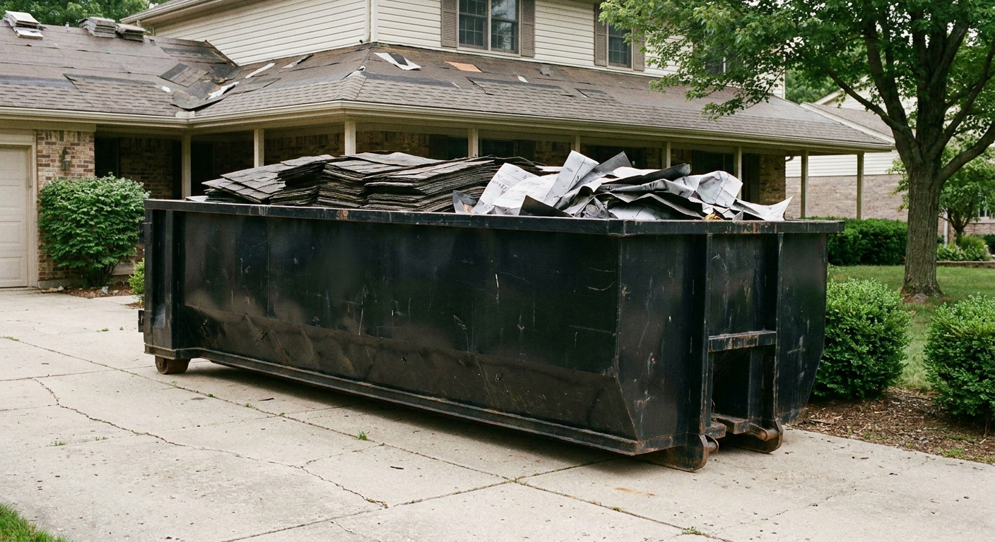 Matte-black 30-yard roofing roll-off dumpster sitting directly on a Los Angeles concrete driveway, taller ribbed steel side panels, mixed tear-off debris of asphalt shingles and underlayment inside, professional documentary daylight.