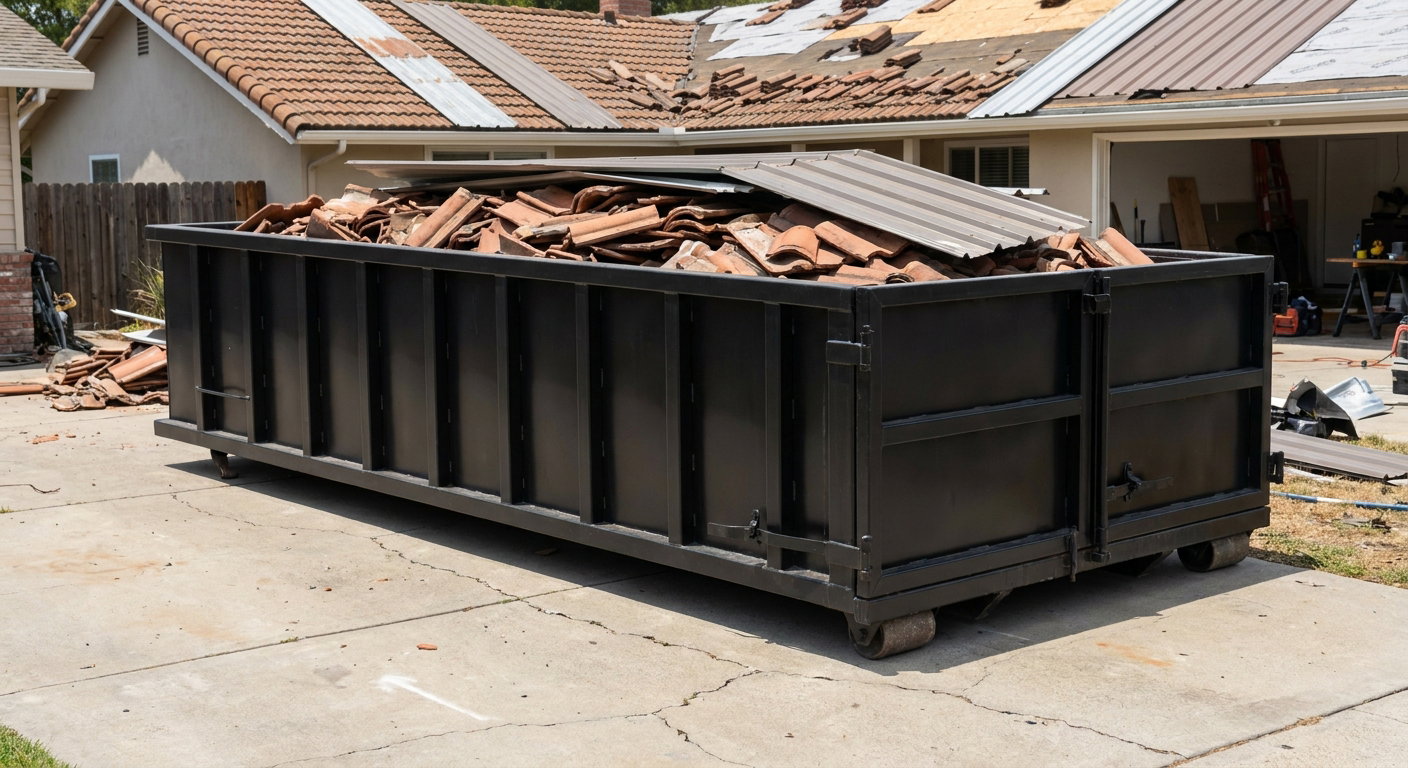 Matte-black low-wall heavy-debris roofing roll-off dumpster sitting directly on a Los Angeles concrete driveway, broken concrete clay roof tiles and metal panel sections loaded inside, reinforced ribbed steel side walls visible, bright outdoor daylight.