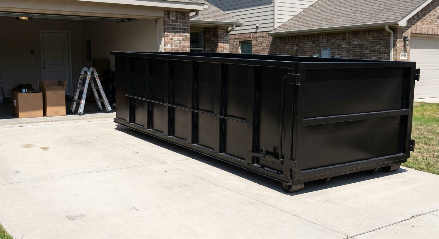 A matte-black 10-yard roll-off dumpster sitting directly on a residential Los Angeles concrete driveway, mid-day sunlight, clean and ready for a garage cleanout.