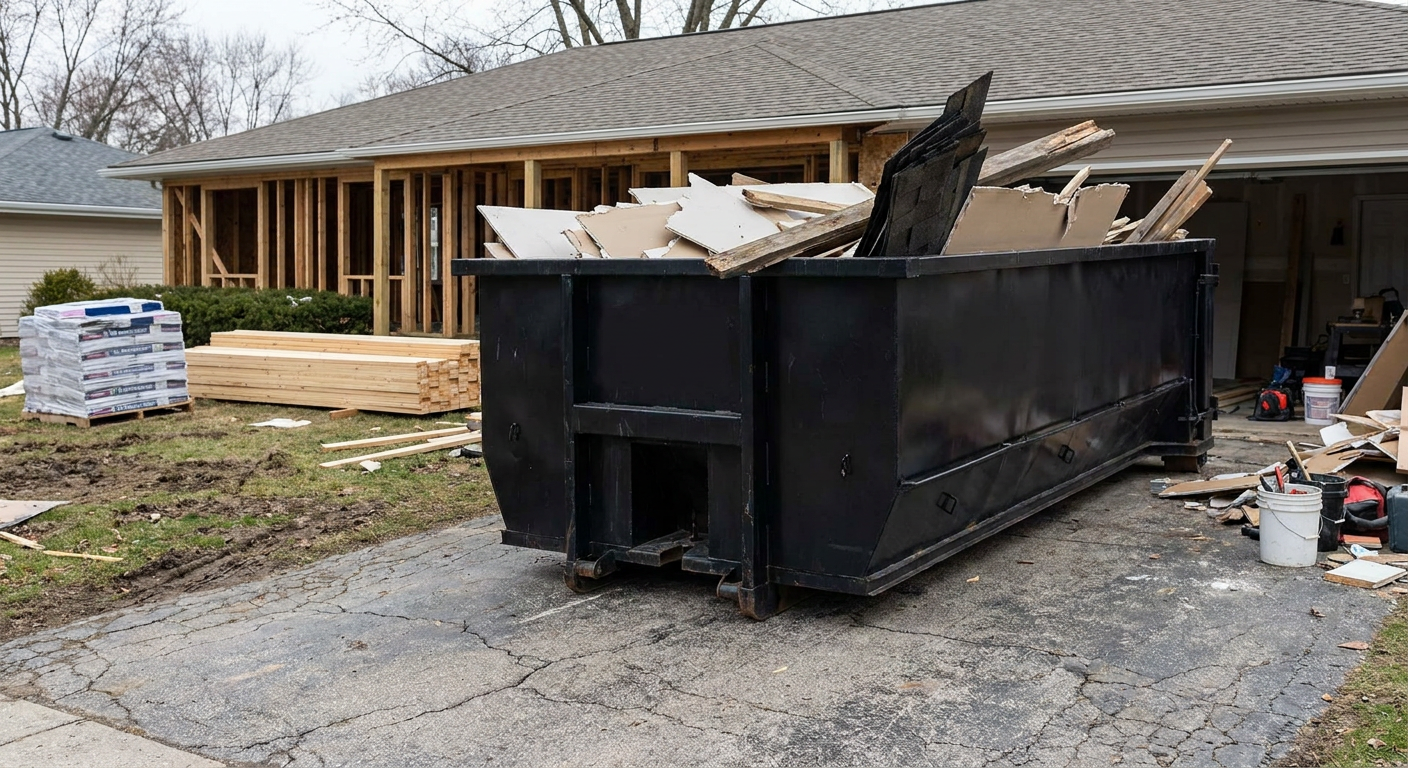 A matte-black 20-yard roll-off dumpster placed alongside a mid-renovation Los Angeles home directly on the asphalt driveway, with framing materials and torn-off shingles staged neatly nearby.