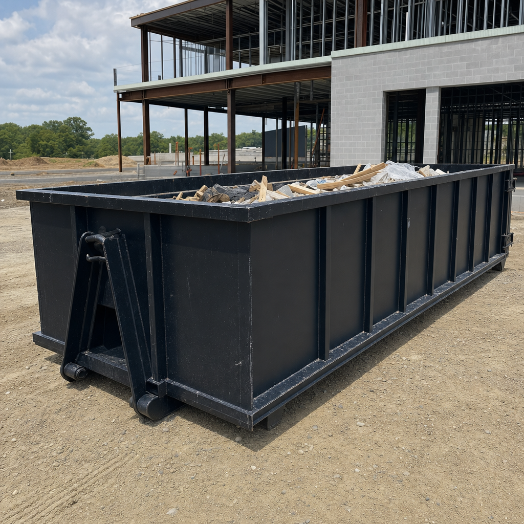 A matte-black 40-yard roll-off dumpster staged on a large Los Angeles commercial construction lot, with a hooklift delivery truck parked alongside under bright midday sky.