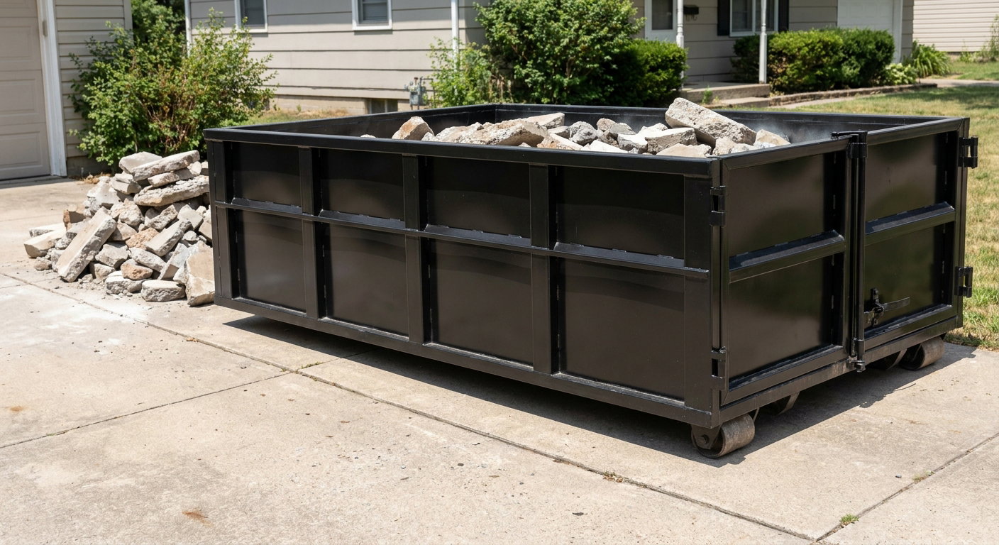 A matte-black low-side heavy-debris roll-off dumpster placed directly on a Los Angeles concrete driveway, with broken concrete chunks neatly stacked beside it under clean daylight.