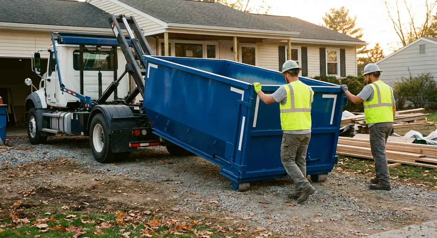 Construction dumpster delivery truck in action in Los Angeles, CA