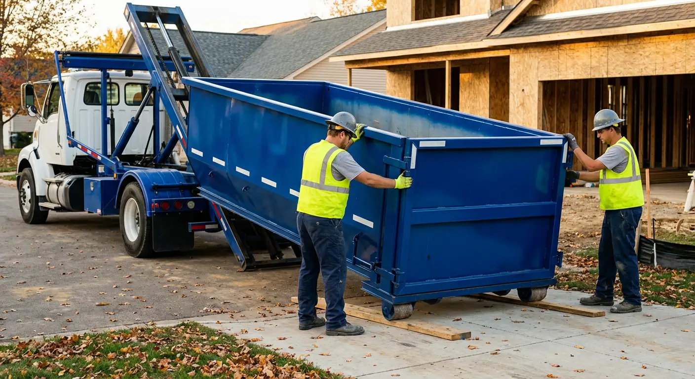 Roll-off dumpster delivery truck in residential area in Los Angeles, CA