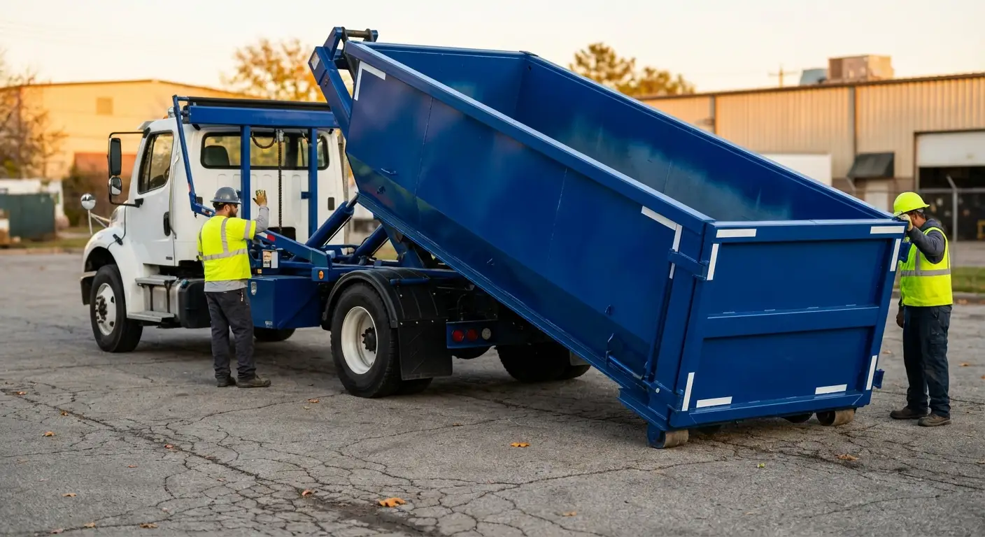 Roll-off dumpster rental truck protecting driveway surfaces in Los Angeles, CA